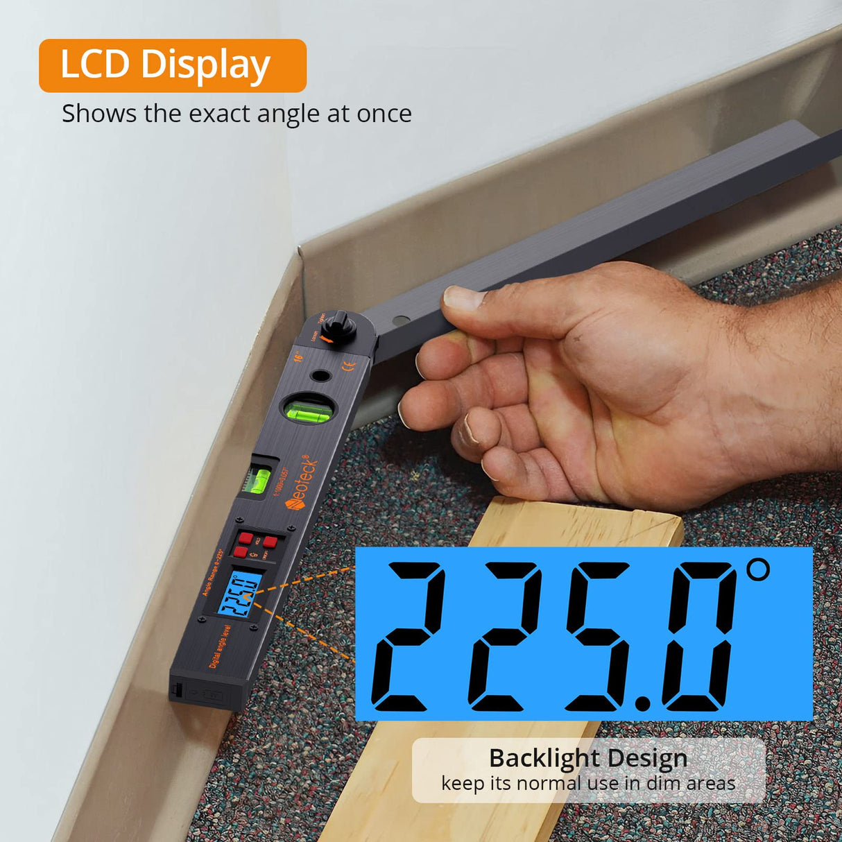 Neoteck Aluminum Digital Angle Finder Protractor 225° 16 inch Backlit LCD Digital with Horizontal and Vertical Bubble - Black Neoteck