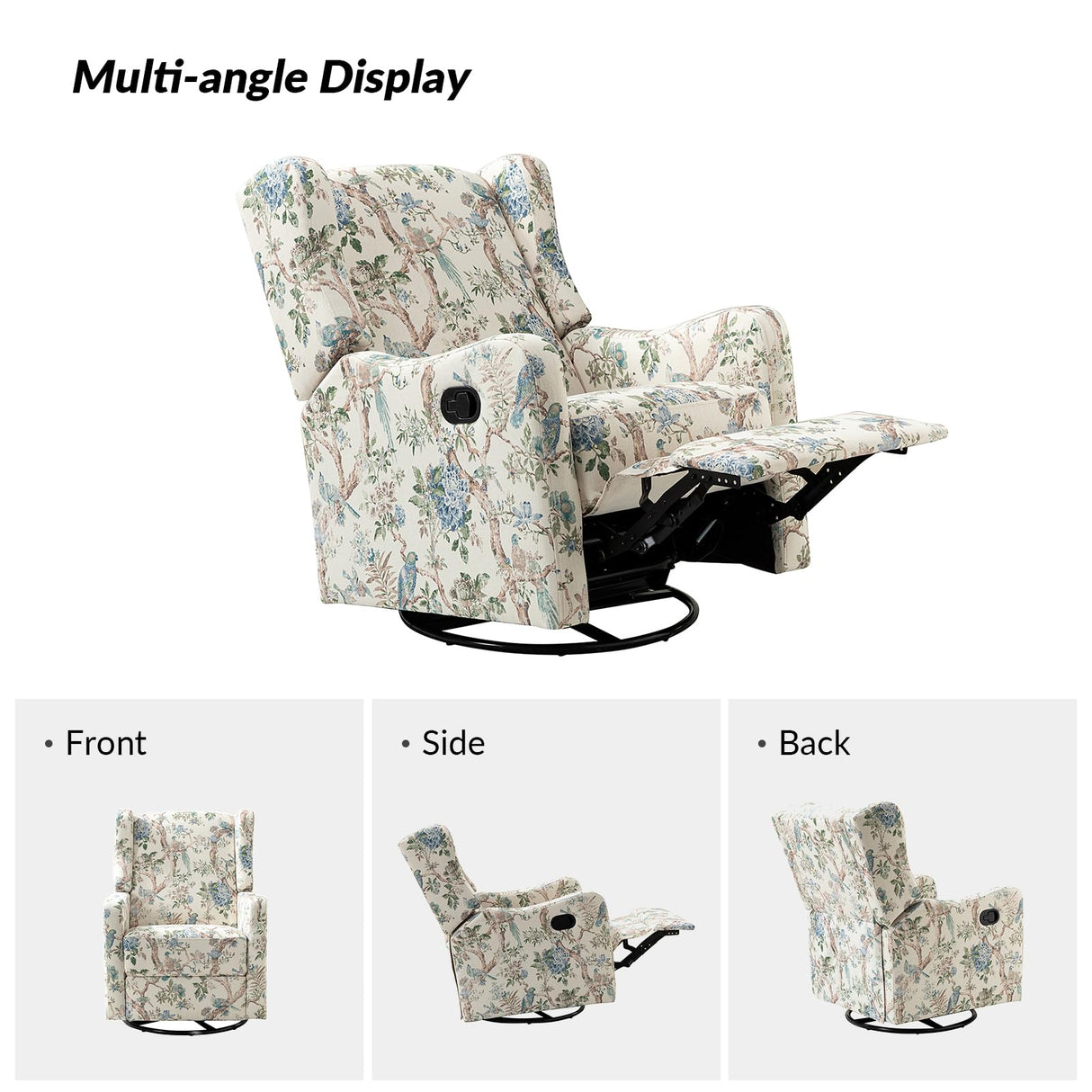 HULALA HOME Printed Fabric Manual Swivel Glider Recliner, Wingback Rocker, Push Back Recliner Chair with Adjustable Backrest & Footrest, Armchair Sofa 360 Degree Swivel for Living Room, Floral HULALA HOME