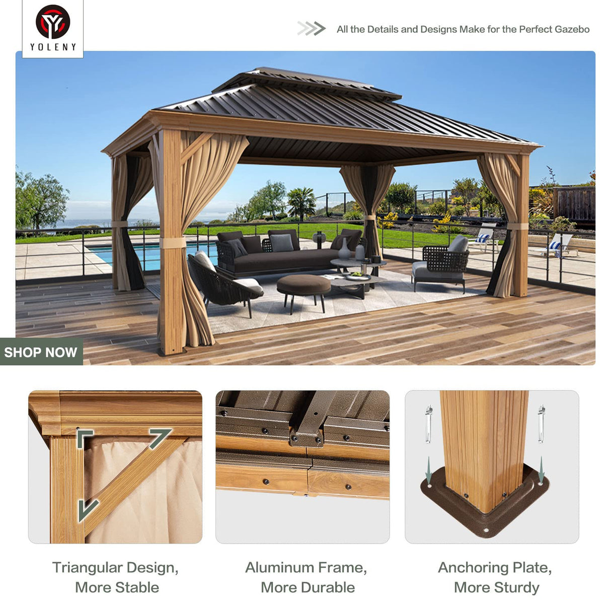 YOLENY 12' x 16' Gazebo, Hardtop Wood-Looking Gazebo with Galvanized Steel Double Roof, Aluminum Frame with Netting and Curtains for Deck, Backyard, Patio, Lawns YOLENY