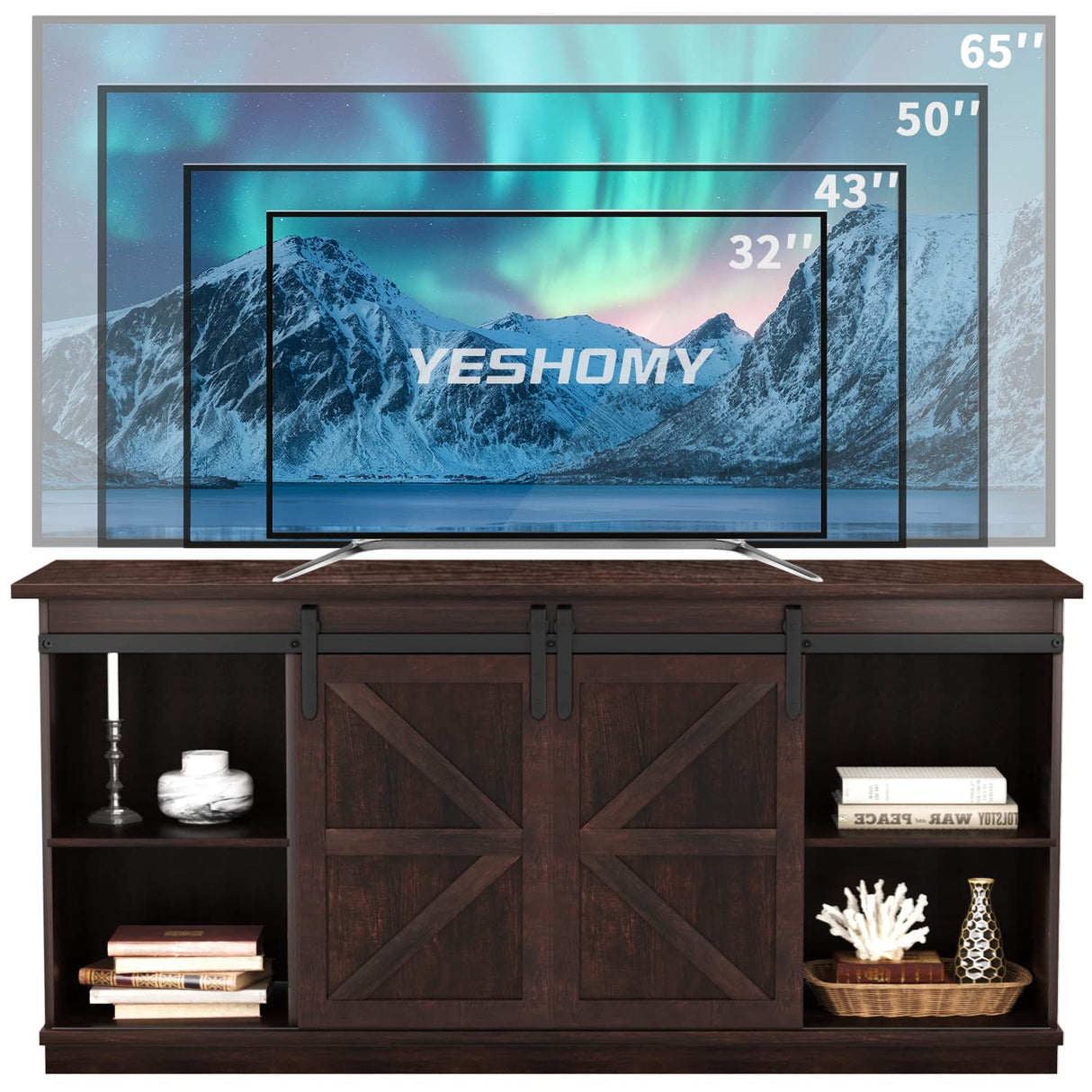YESHOMY TV Stand for Televisions up to 65 Inchs, with Sliding Barn Doors and Storage Cabinets, Console Table and Media Furniture for Living Room, 58 Inch, Espresso YESHOMY