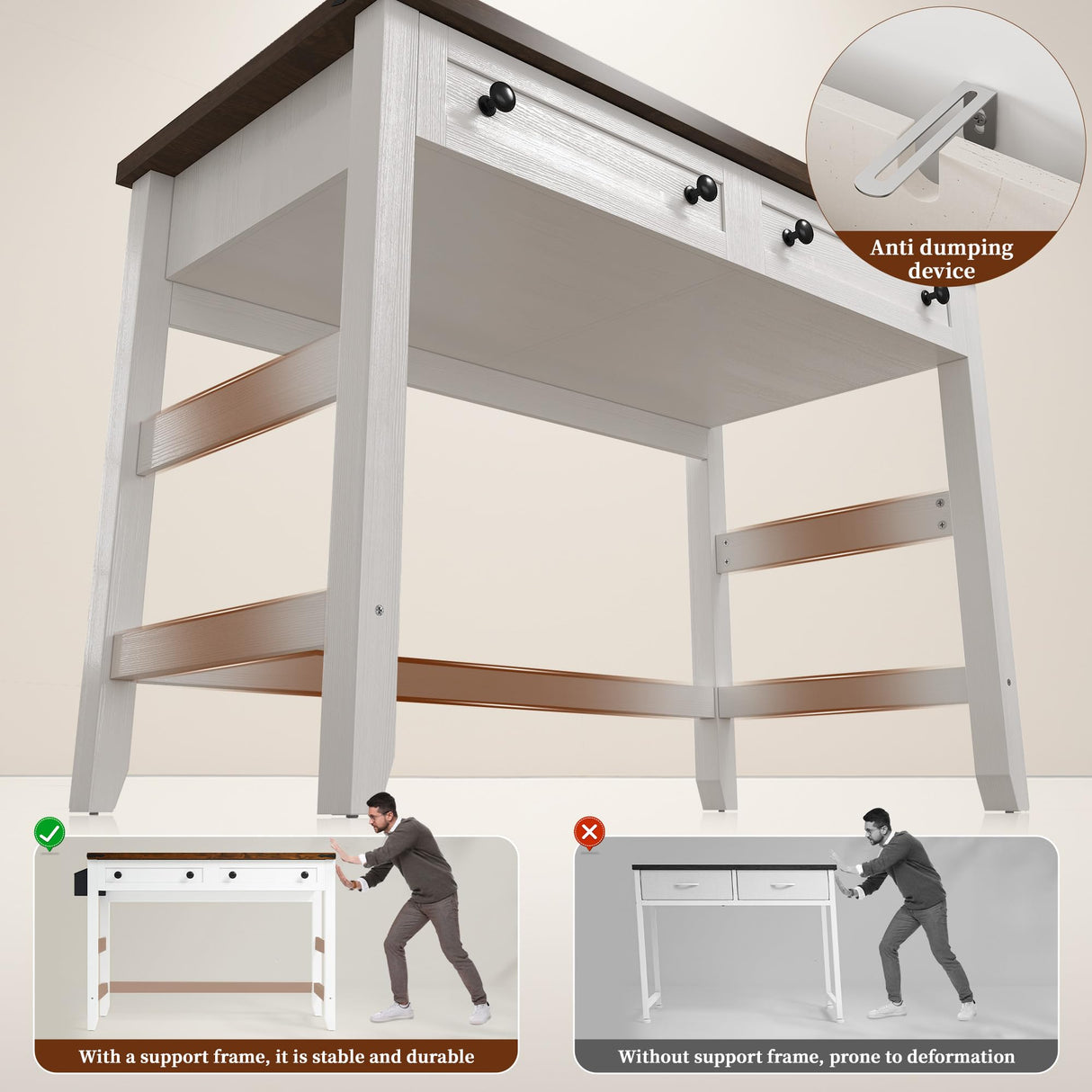 EnHomee Desk with Drawers & Power Outlets, Computer Desk for Home Office, Bedroom, Small Desk with a Side Pocket, 31.5" Writing Desk, Study Desk, Brown+White EnHomee