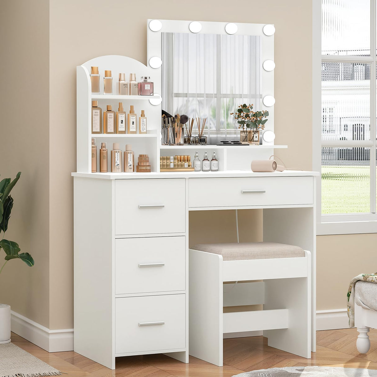Quimoo Makeup Vanity with 10 Light Bulbs and Charging Station, Vanity Desk with Lighted Mirror & 4 Drawers Chest, Vanity Set, Vanity Table Set with Cushioned Stool, for Bedroom,White Quimoo