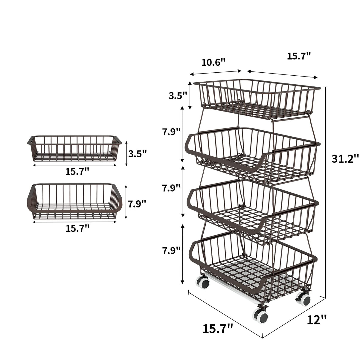 Fruit Vegetable Storage Basket for Kitchen - 4 Tier Stackable Metal Wire Baskets Cart with Rolling Wheels Utility Fruits Rack Produce Snack Organizer Bins for Pantry Bathroom Laundry Bronze Miyawell