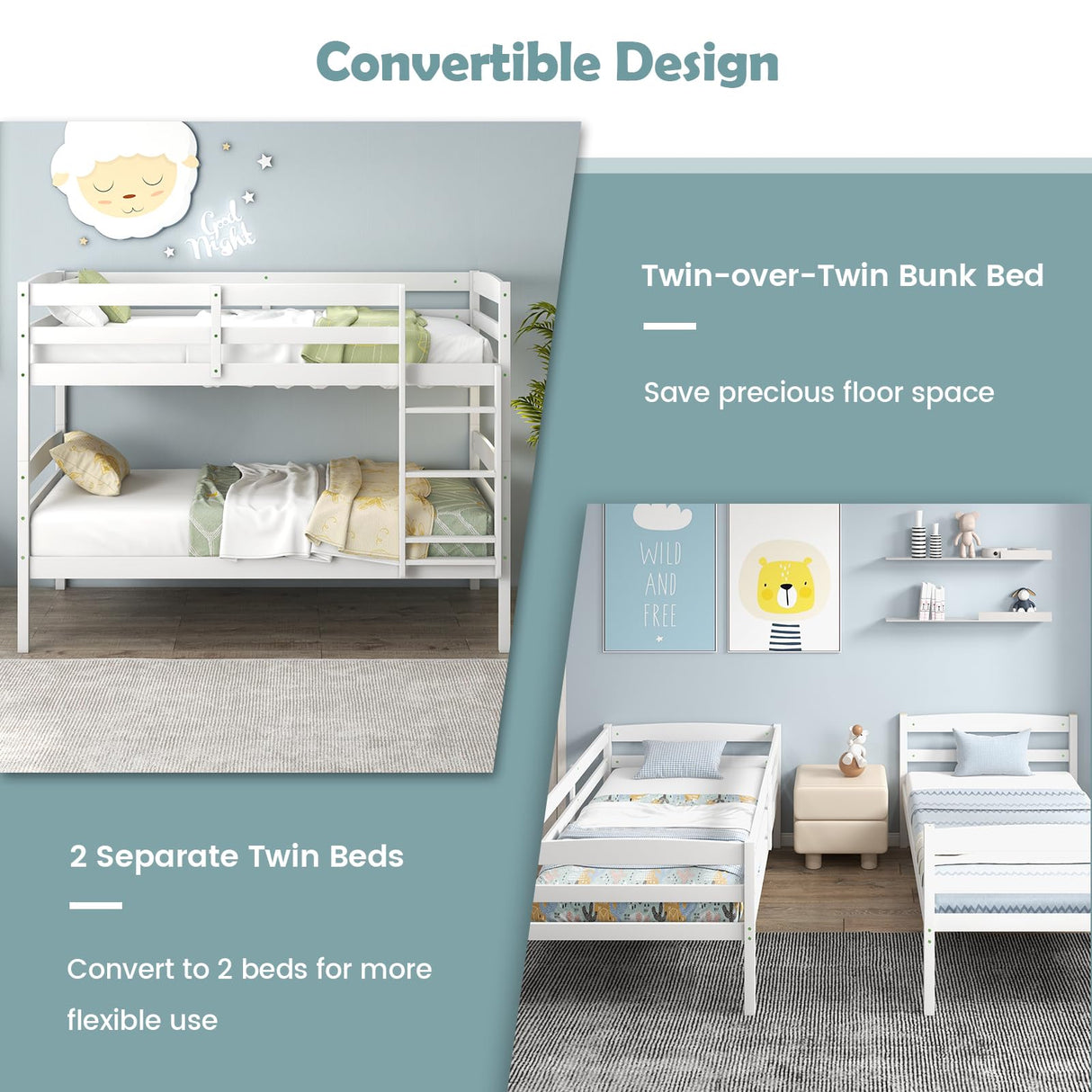 KOMFOTT Twin Over Twin Convertible Bunk Bed with Guardrail and Integrated Ladder - Space-Saving Solid Wood Design KOMFOTT