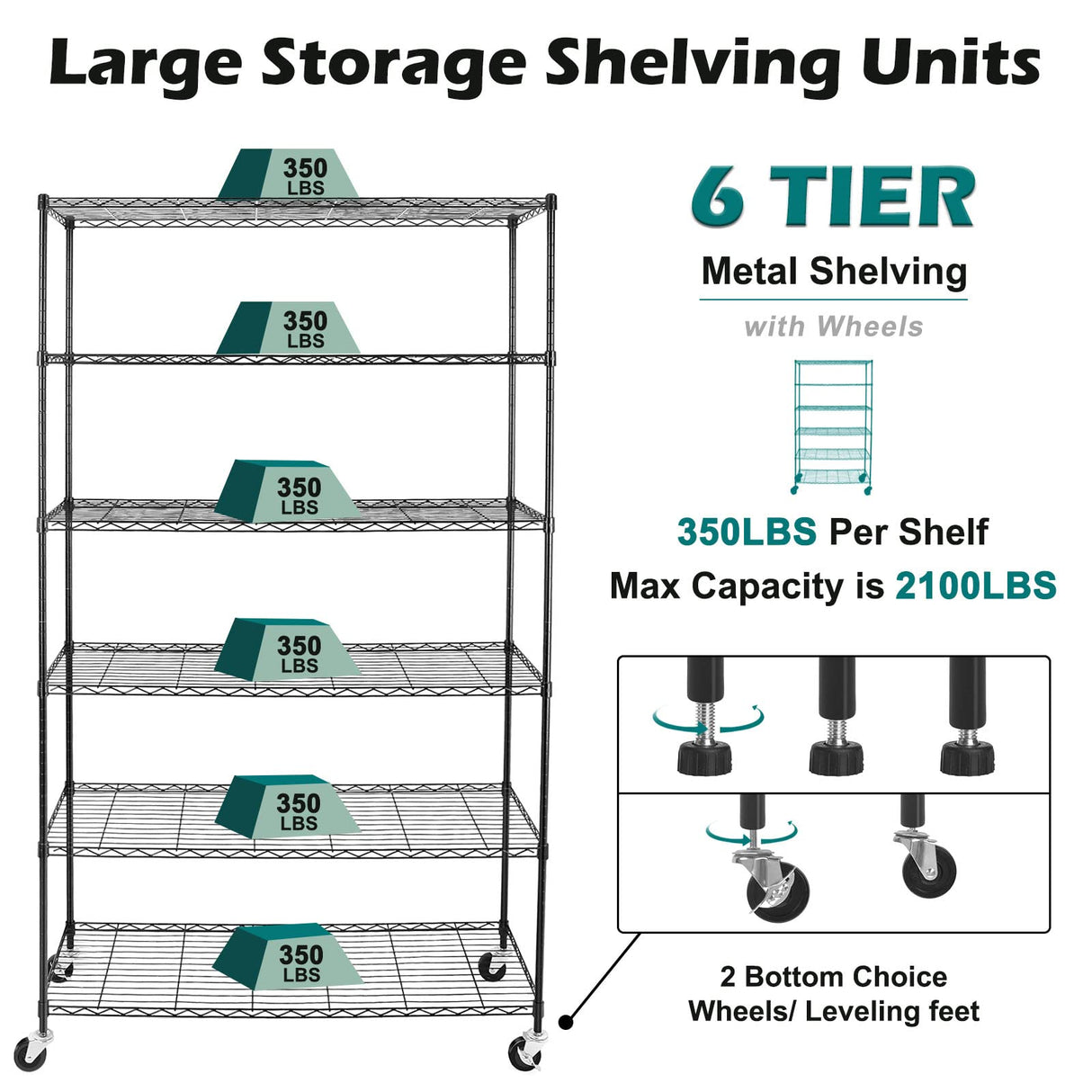 WDT NSF Certified Storage Shelves on Wheels, Heavy Duty Metal Shelves for Storage with Adjustable Stand, 6-Tier Wire Shelving Unit for Garage Pantry Kitchen Shelf Rack, 47" D x 17" W x 80" H WDT