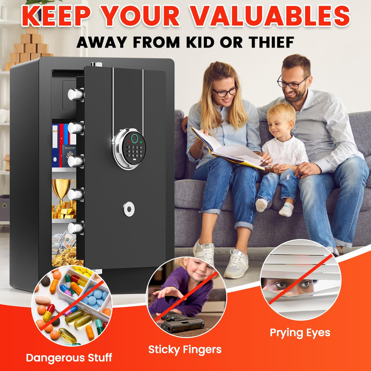 5.6 Cuft Biometric Fireproof Safe Box For Home, Heavy Duty Home Safe Fireproof Waterproof, Large Document Safe With Keypad, Anti-Theft Dual Alert, Mute Mode, Digital Security Safe For Jewelry Money Povanje