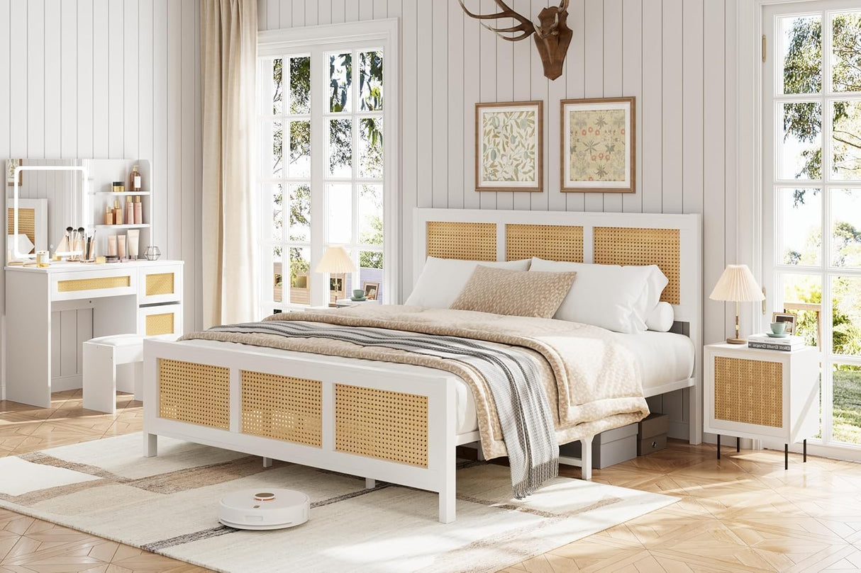 GarveeHome King Size Rattan Bed Frame with Headboard, White Boho Cane Platform Bed Frame with Strong Metal Slat, Noise Free, No Box Spring Needed GarveeHome
