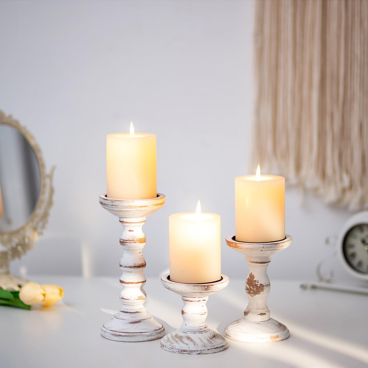 Romadedi Wood Candle Holders for Pillar Candles - Set of 3 Tall Farmhouse Wooden Candlestick Holder, Rustic Candle Stand for Fireplace Mantle Shelf Table Home Decor, Brown Whitewashed 3.9"/6"/ 8.3" Romadedi