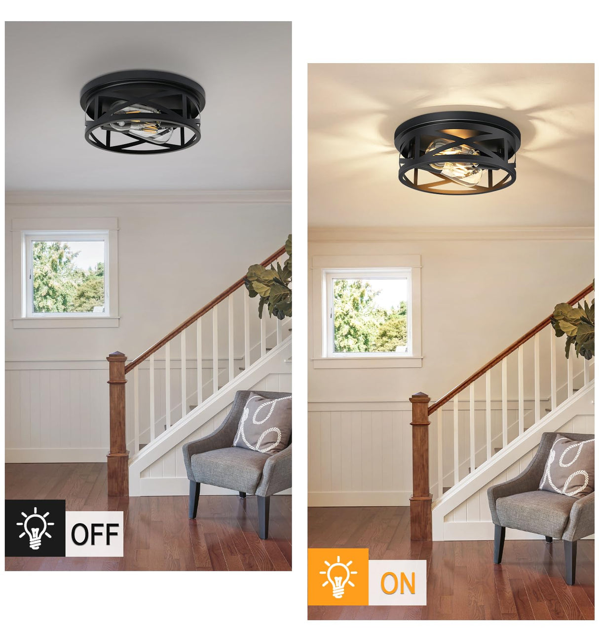 Elekeed 2-Light Flush Mount Ceiling Light Fixture, Farmhouse Ceiling Lights for Kitchen, Modern Black Close to Ceiling Light for Hallway Bedroom Balcony Porch Stairway, E26, (2 Pack) Elekeed