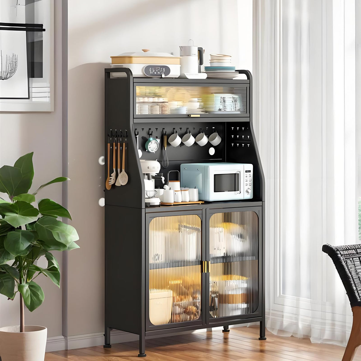 haiorjun Bakers Rack with Storage Cabinet, 66" Tall Kitchen Pantry Cabinet with Microwave Stand, Wheels, Doors and Metal Pegboard Panels for Living Room, Dining Room,Black haiorjun