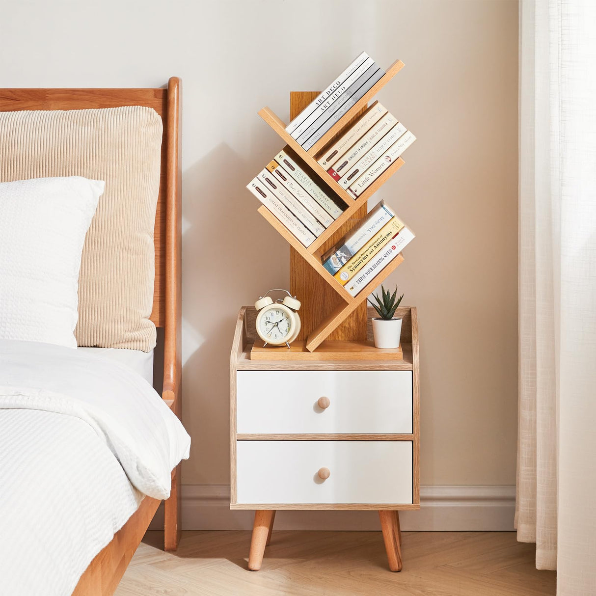 YMYNY 4 Tier Tree Bookshelf, Small Bookcase, Modern Wood Book Storage Rack, Freestanding Book Shelf for Books/Movies/CDs, Narrow Display Rack for Living Room, Home Office, Natural UHBC014N YMYNY