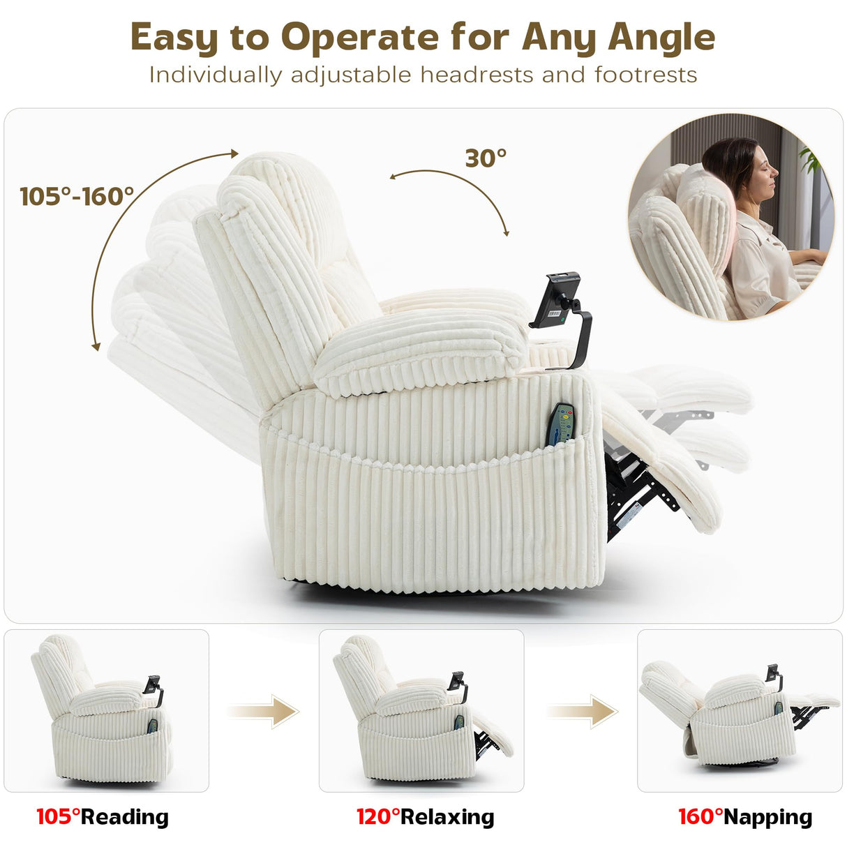 SINCRUMI Power Oversized Swivel Rocker Recliner with Dual Motor Adjustable Headrest for Adults, Glider Rocking Chair with Vibration and Heat, USB A&C Ports, Armrest Storage, Cup Holder, Cream White SINCRUMI