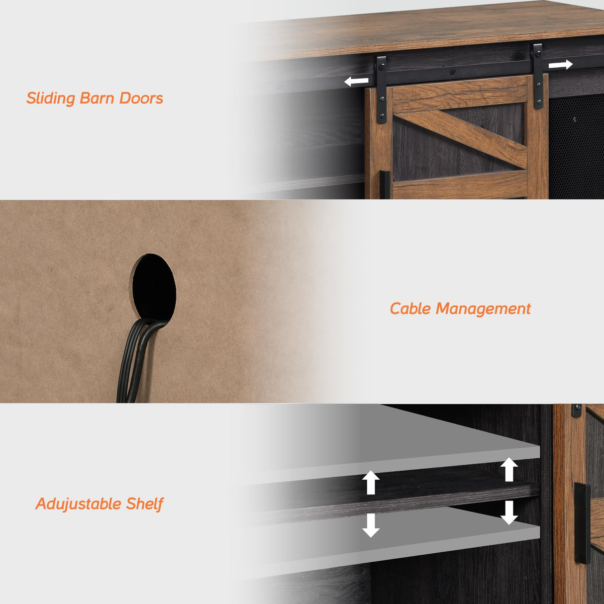 Wampat 70" Farmhouse TV Stand with Mesh Doors, Entertainment Center for 75" TV, Adjustable Shelves, 2 Storage Cabinets, Console Table for Living Room, Antique Brown & Black WAMPAT