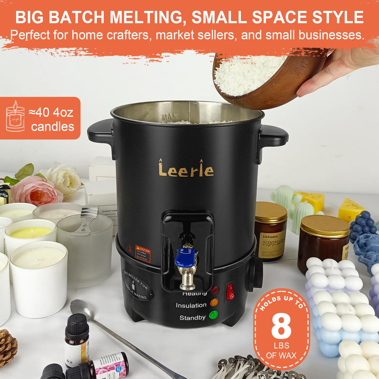 Leerie M4 8Lbs Wax Melter for Candle Making – Heating Core Brass Spout & Temp Control, No Clog, Easy to Clean – Electric Wax Melting Pot for DIY Candle Makers & Beginners Leerie