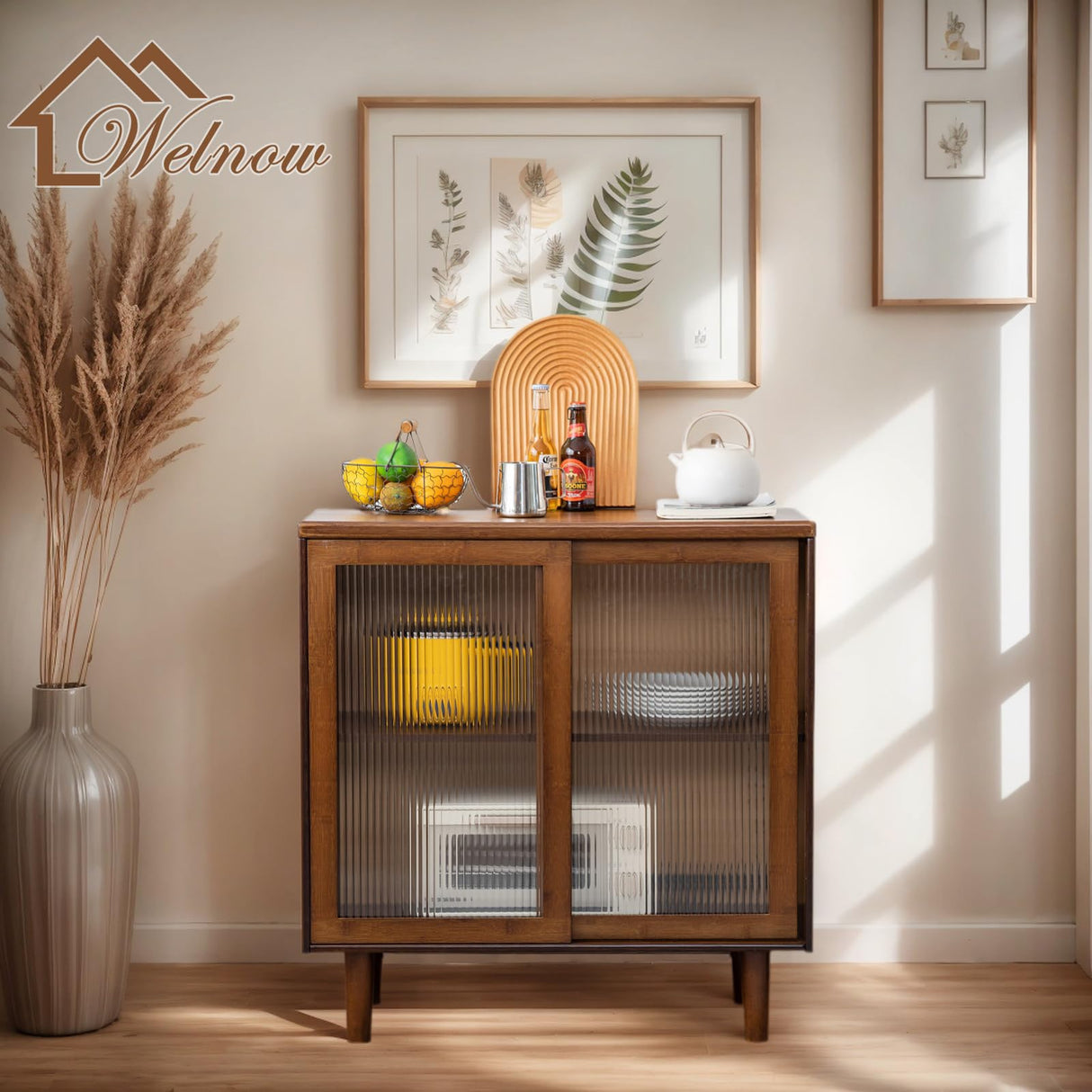 Welnow Buffet Cabinet, Bamboo Sideboard with Storage Kitchen Display Cabinet with 2-Tier Shelves Boho Coffee Bar Tables for Kitchen, Living Room, Entryway, Office, Walnut Welnow