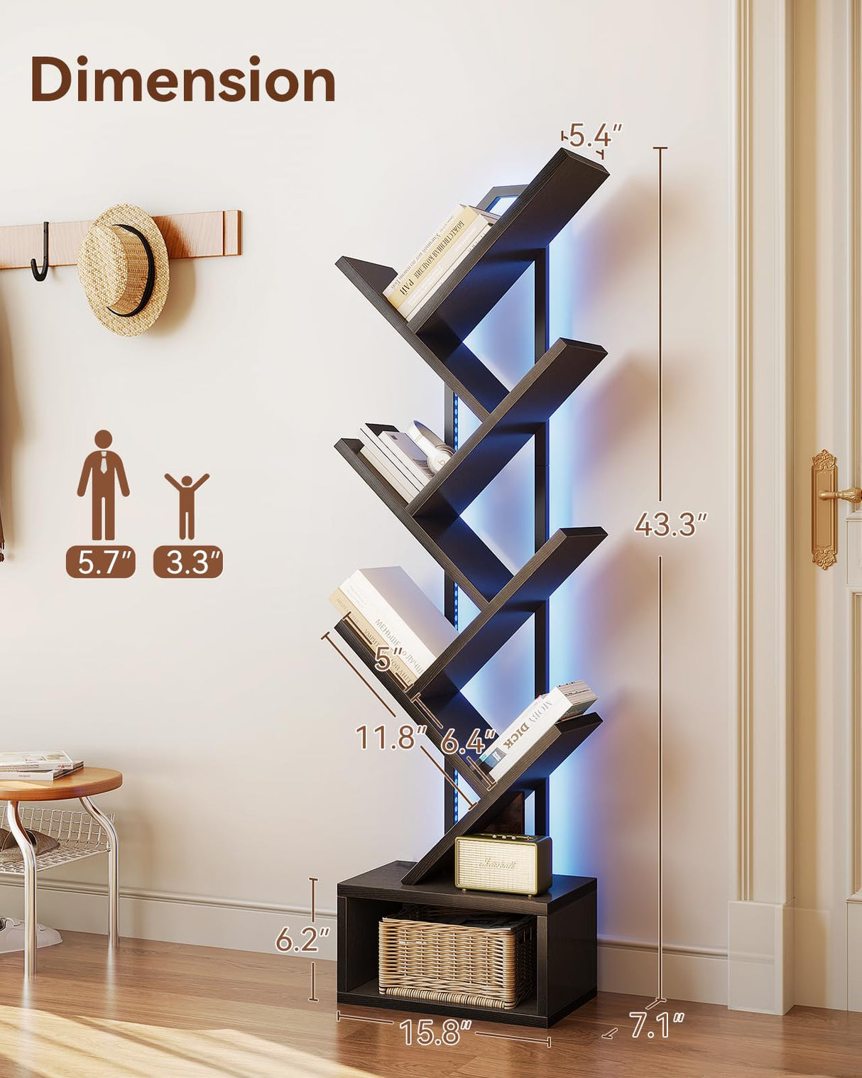 Casaottima Black Tree Bookshelf with LED Light Strip — 6-Tier Small Floor Standing Bookcase, Narrow Steel & Wood Book Organizer Shelf with Cabinet, Home Decor for Living Room/Bedroom/Home Office Casaottima