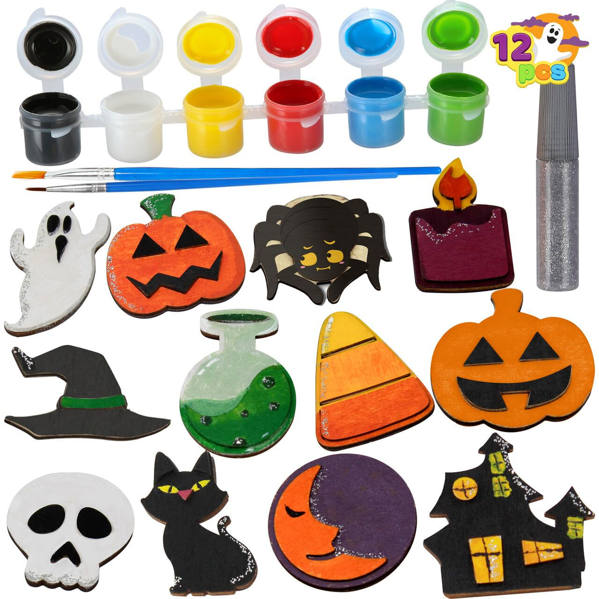 JOYIN 12 Pcs Halloween Wood Craft Kit, Wooden Magnet Creativity Arts Painting Kit, DIY Halloween Painting Craft for Kids Party Supplies, Toddler Party Favors Family School Activities JOYIN