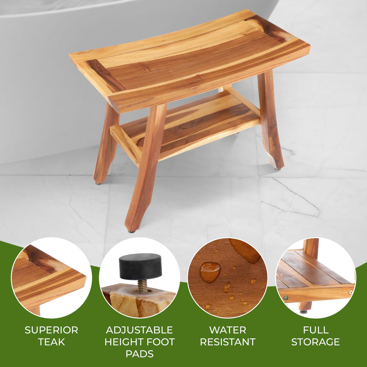 EcoDecors, 24 inch, Brown, Teak Shower Bench, Teak Bench Shower, Teak Shower Bench for Inside Shower, Teak Bathroom Bench, Teak Wood Shower Bench EcoDecors