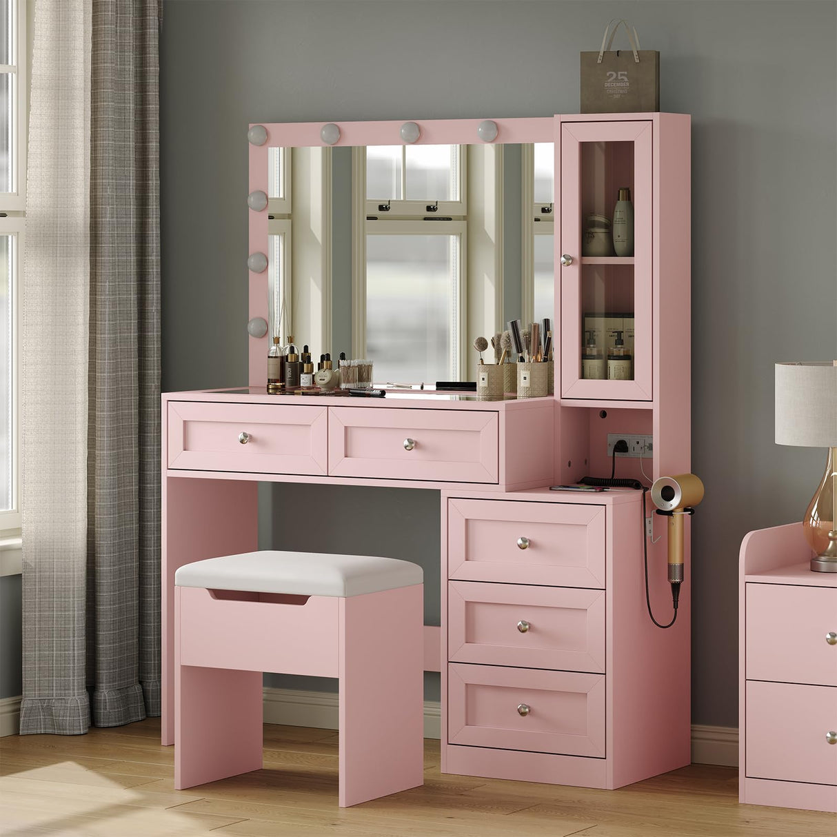 CollaredEagle 43" W Vanity Desk with Mirror & 11 Lights, 5 Drawer Modern Makeup Desk with Glass top & Cushioned Stool, 3 Lighting Modes Brightness Adjustable,Power Outlet,Bedroom,Pink CollaredEagle