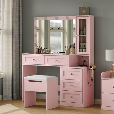 CollaredEagle 43" W Vanity Desk with Mirror & 11 Lights, 5 Drawer Modern Makeup Desk with Glass top & Cushioned Stool, 3 Lighting Modes Brightness Adjustable,Power Outlet,Bedroom,Pink