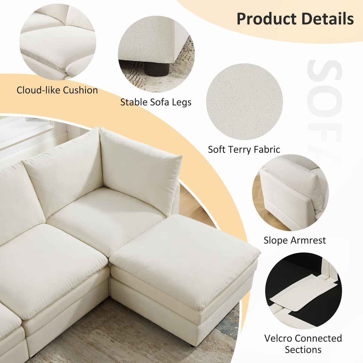 VANOMi 98" Cloud Modular Sectional Sofa Couches for Living Room, Oversized Modern Sleeper Sofa with Deep Seat Double-Layer Thick Cushion Ottoman, Convertible Upholstered Sofa Set, Ivory White VANOMi