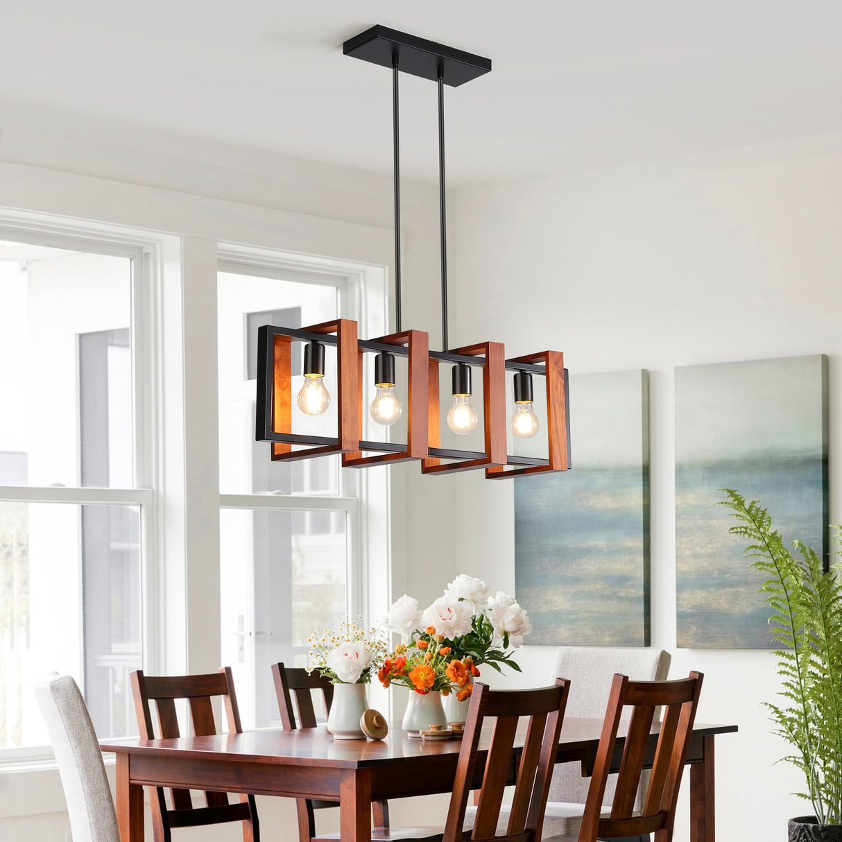 HUMHOLD 4-Light Kitchen Island Lights Pendant Light Farmhouse Dining Room Light Fixture, Rustic Wood and Black Metal Rectangular Chandelier, 32" Hanging Lighting for Living Room, Bar HUMHOLD