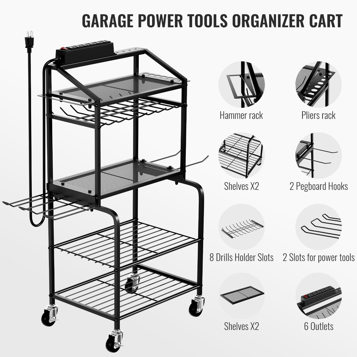 Power Tool Organizer Cart with Charging Station, Garage Floor Standing Rolling Drill and Tools Battery Storage Cart on Wheels, Rolling Tool Cart with 6 Outlet Power Strip FULOOPHI