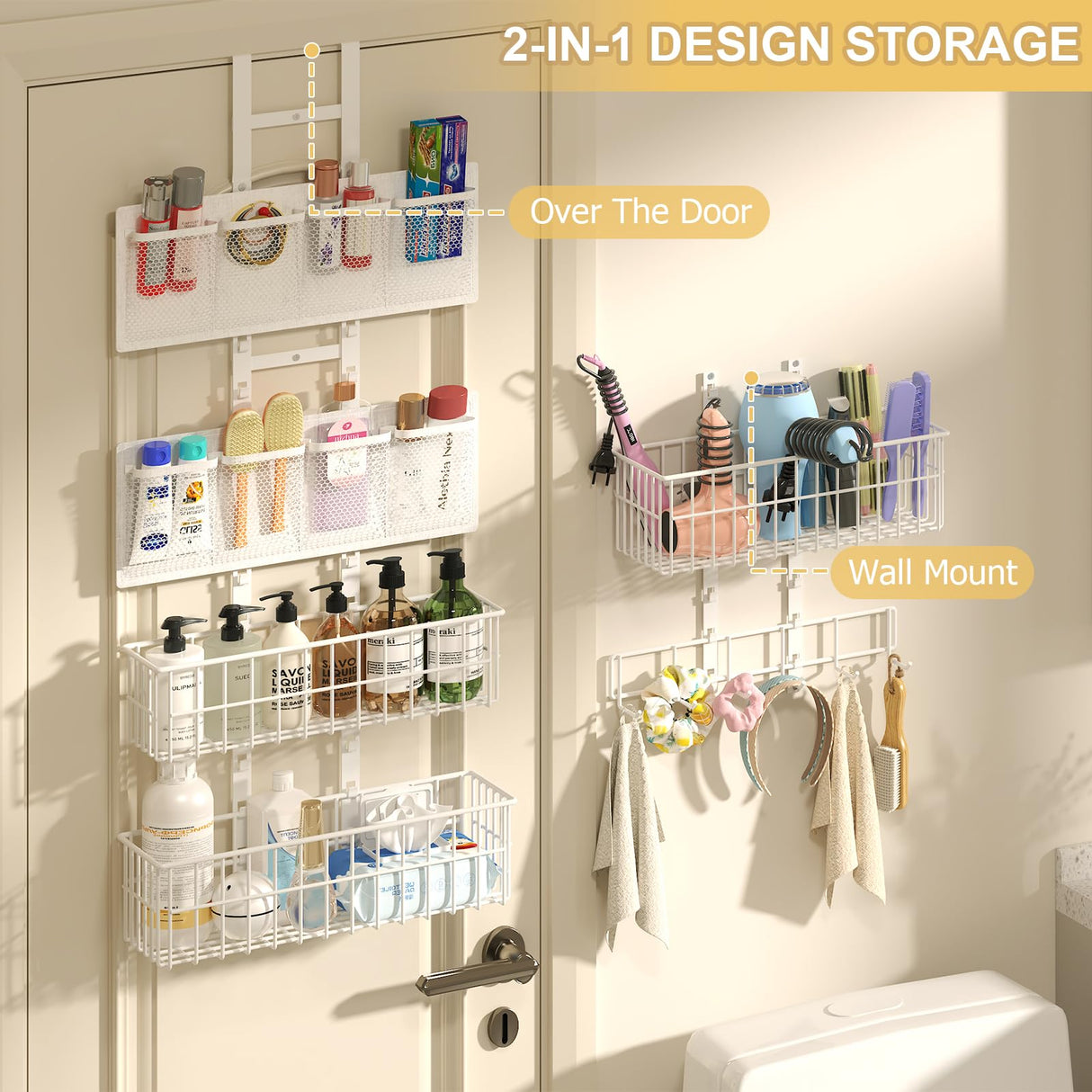 Hongtamoya Adjustable Over The Door Organizer - Hair Dryer Holder, Hanging Door Organizer with 8 Pockets 3 Metal Baskets 6 Hook, Behind Door Organizers and Storage for Bathroom Closet Cabinet Bedroom Hongtamoya