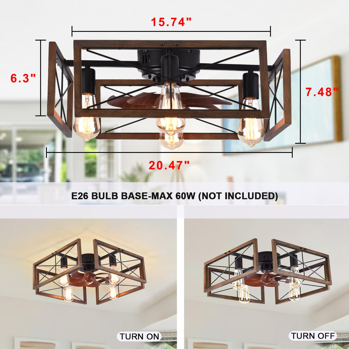 Capslpad 20''Farmhouse Flush Mount Ceiling Fan with Light and Remote Control,Industry Wood Low Profile Fan Rustic Industrial Caged Indoor Ceiling Fan for Bedroom Living Room Kitchen (4-Light) Capslpad