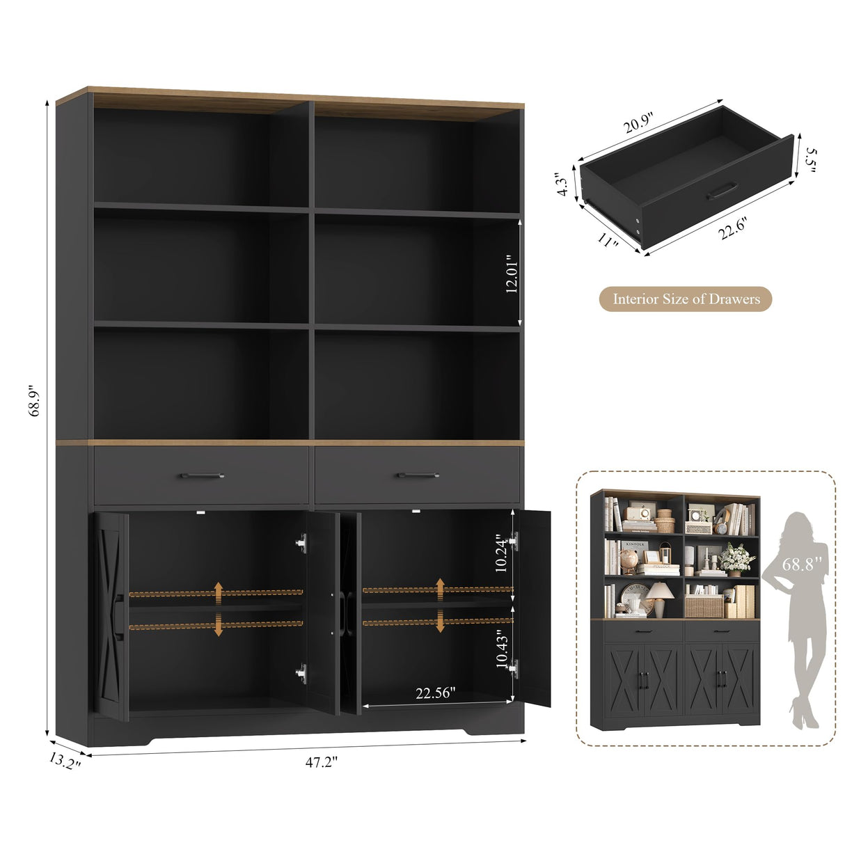 HOSTACK 69" Tall Book Shelf and Bookcase, Wooden Bookcase with Doors, Large Bookshelf with Drawers, Farmhouse Book Case with Storage Cabinet, Bookshelves with Display Shelves for Home Office, Black HOSTACK