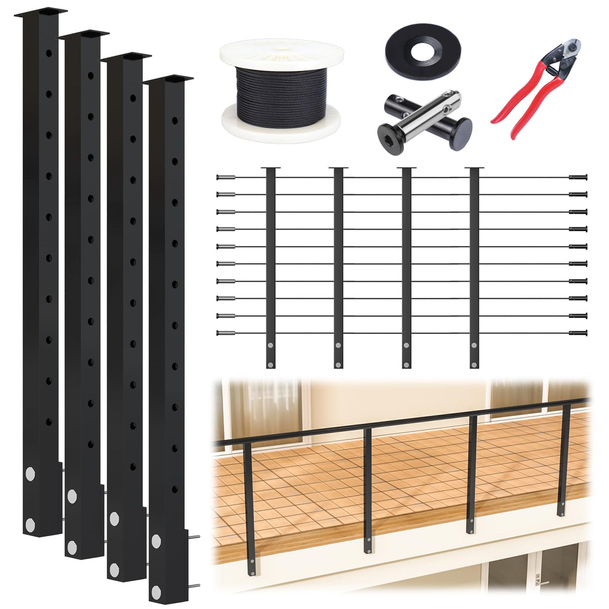 Muzata Complete Set 36" Side Mount Cable Railing Post Kit Include 4Pack Black Posts PF02, 250ft Wire Rope, Swageless Cable Railing System DIY Kit (No Handrail) RWF2 BH4S Muzata