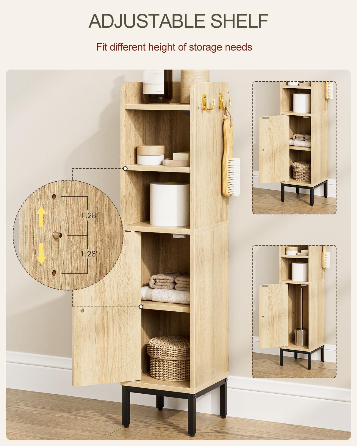 AEPOALUA Bathroom Storage Cabinet, Small Corner Floor Hutch with 2Hooks,Narrow Toilet Paper Cabinet with Rattan Door,Bathroom Organizer with Adjustable Shelf, for Small Spaces,Oak AEPOALUA