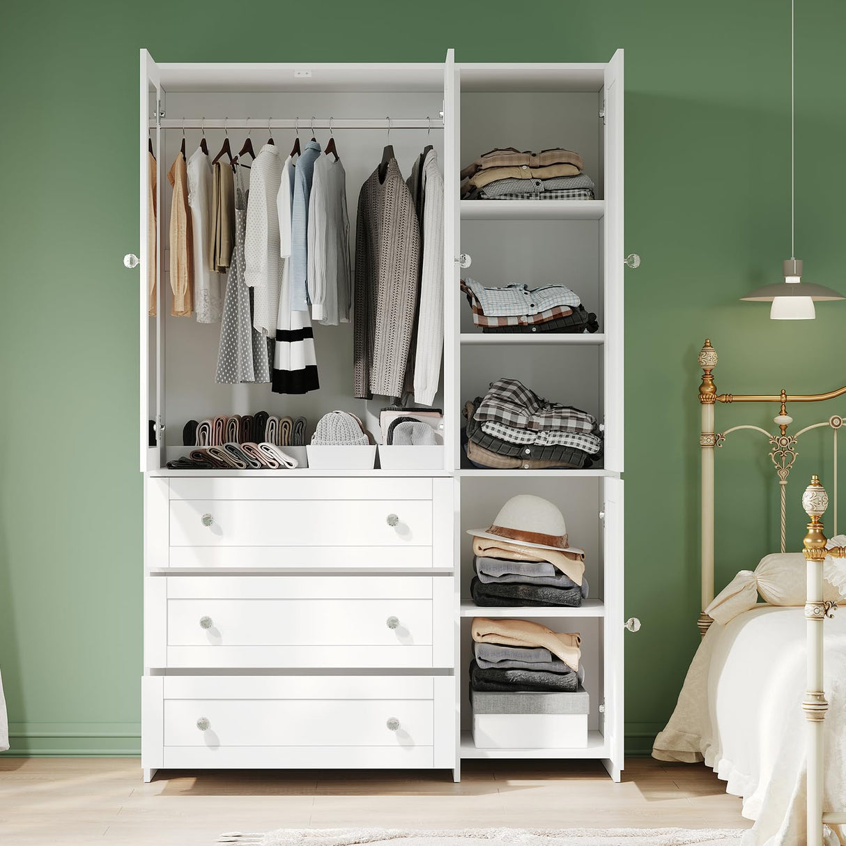 VOWNER Armoire Wardrobe Closet with Drawers and Mirror, 71" Clothing Storage Cabinet with Hanging Rod, 4 Doors Wooden Wardrobe Cabinet for Bedroom, Large Capacity Storage, White VOWNER