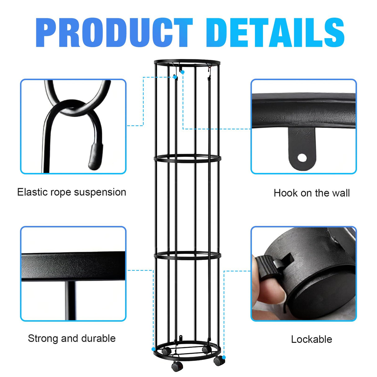 Columnar Vertical Ball Storage Racks with Wheels-NEW Durable 58x13'' Rolling Basketball Holder Wall Mount for Soccer, Volleyball, Space-Saving Garage Sports Ball Rack Organizer for Home,Gym & Outdoors Gotaux