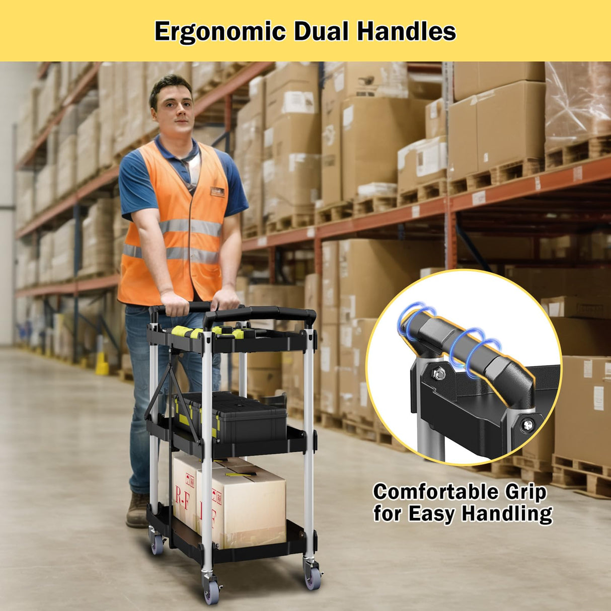 Foldable Rolling Book Cart, 3 Tier Folding Utility Service Carts with Wheels Lockable Handles for Women No Assembly Storage School Restaurant Warehouse Garage 180LBS Capacity Sturdon