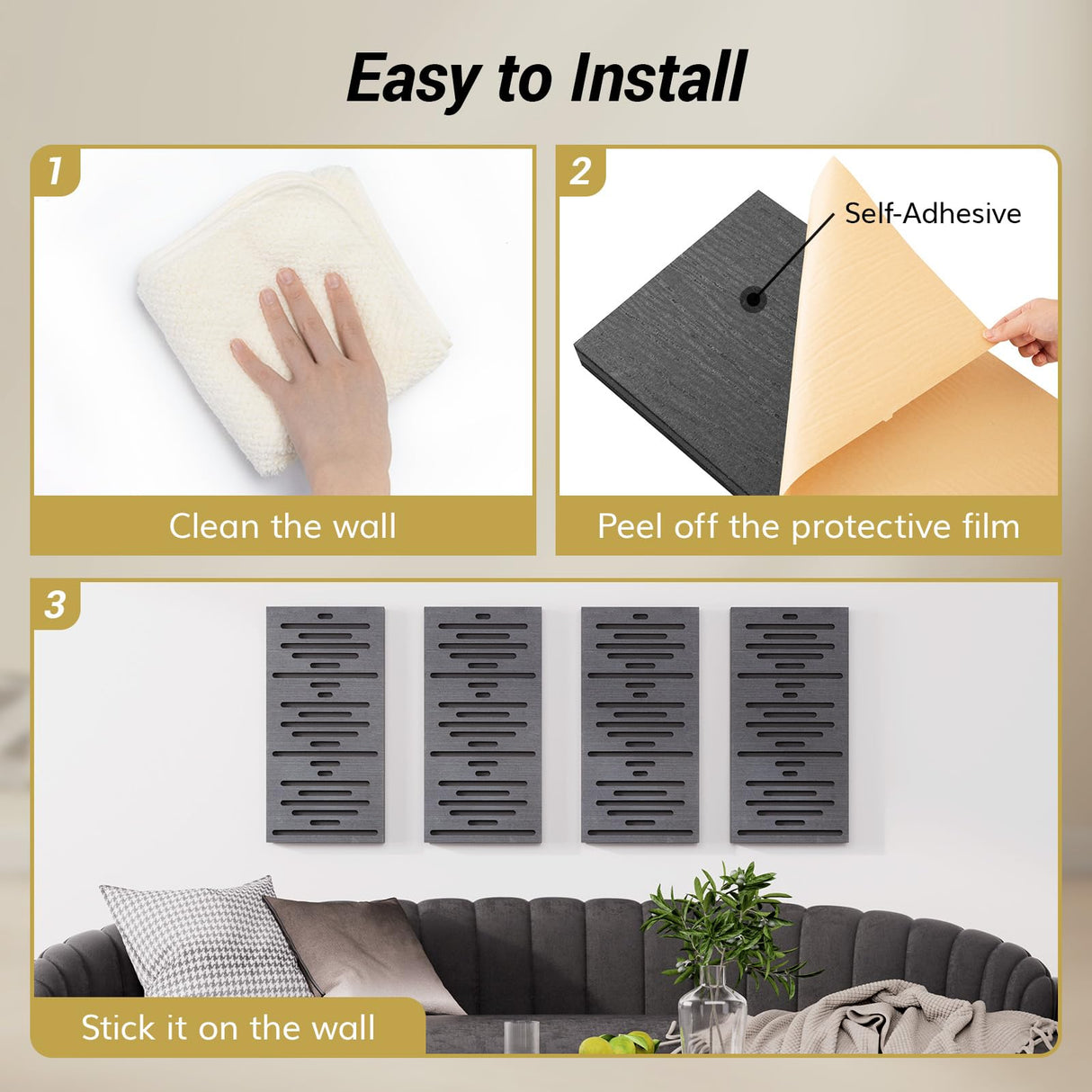 TONOR 4-Pack Acoustic Wood Wall Panels, 23.6” * 11.8” * 1.9” 3D Self-adhesive Wall Panel, Three-layer Soundproof Tiles for Echo Absorbtion, Acoustical Barrier of Polyester Fiber, wood, Black Wood TONOR