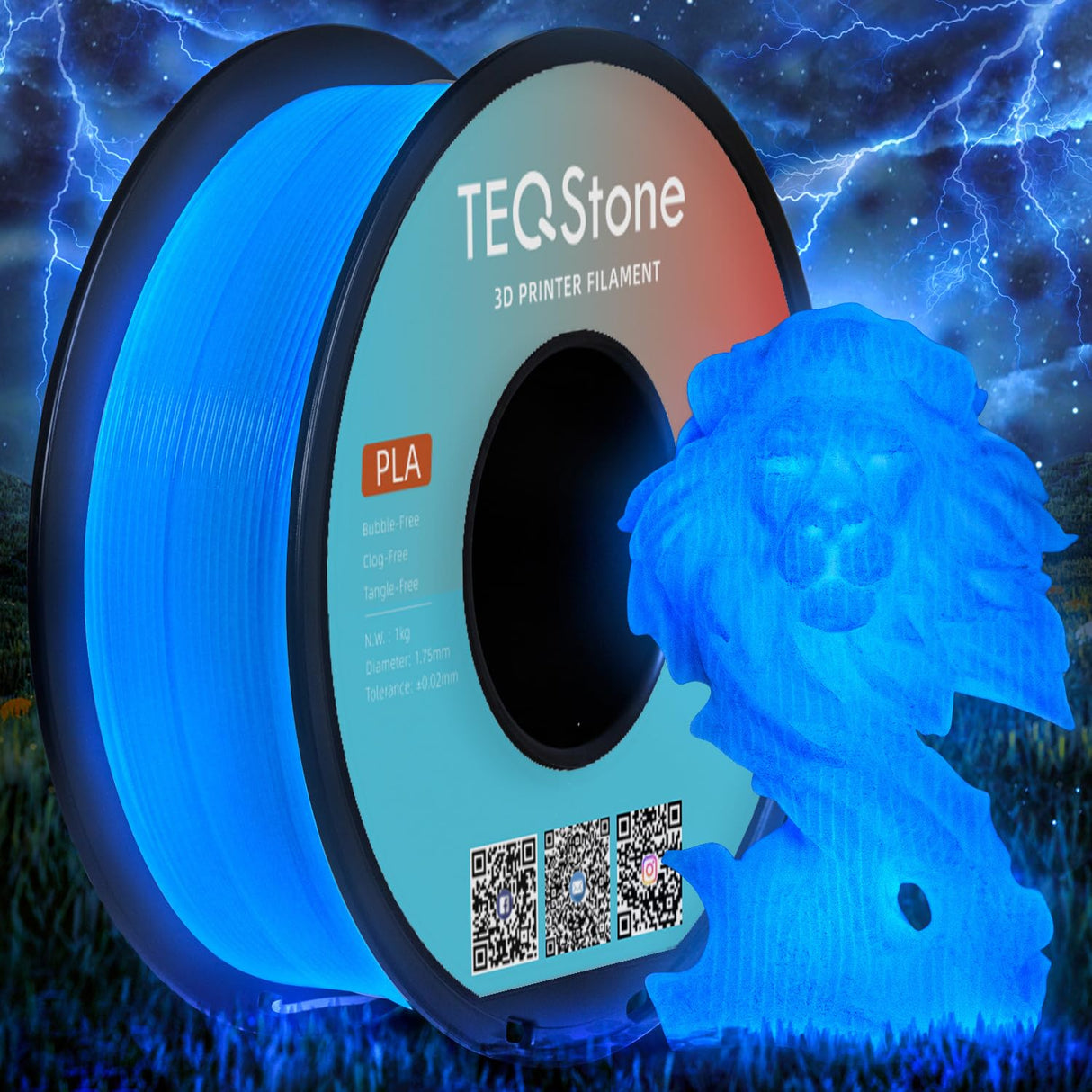 TEQStone Glow in The Dark PLA Filament 1.75mm Blue, Consistent Diameter +/- 0.03mm, Vacuum Packaging, Compatible with Various 3D Printers, 1KG Spool TEQStone