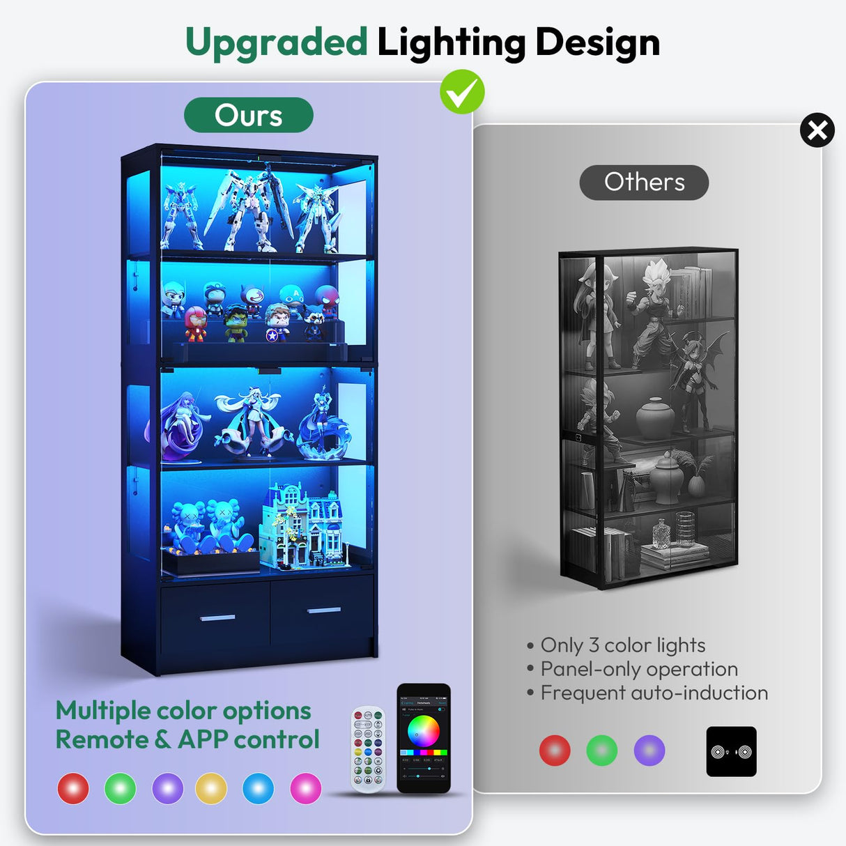 Lamtor Glass Display Cabinet with Doors - Curio Cabinet with Dynamic LED Lights for Collectibles, 67" Display Case with 4 Tier and Drawers for Figure, Toys, Books, Black Lamtor