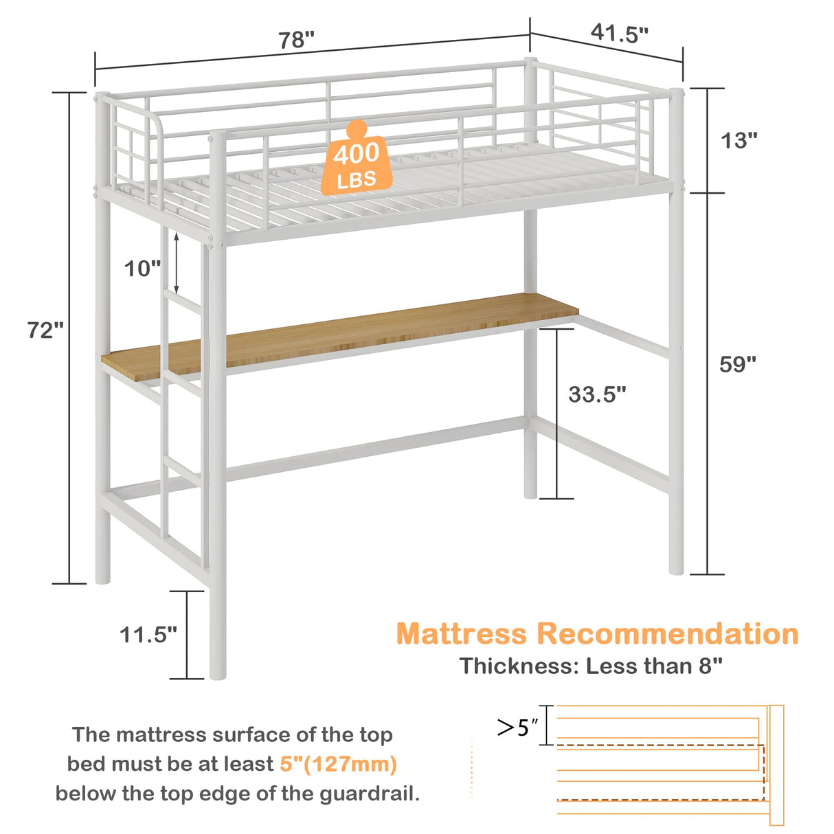 VECELO Loft Bed Twin Size with Desk, Metal Bedframe with Removable Ladder and Safety Guardrail, No Box Spring Needed, Space Saving, Noise Free, Pure White VECELO