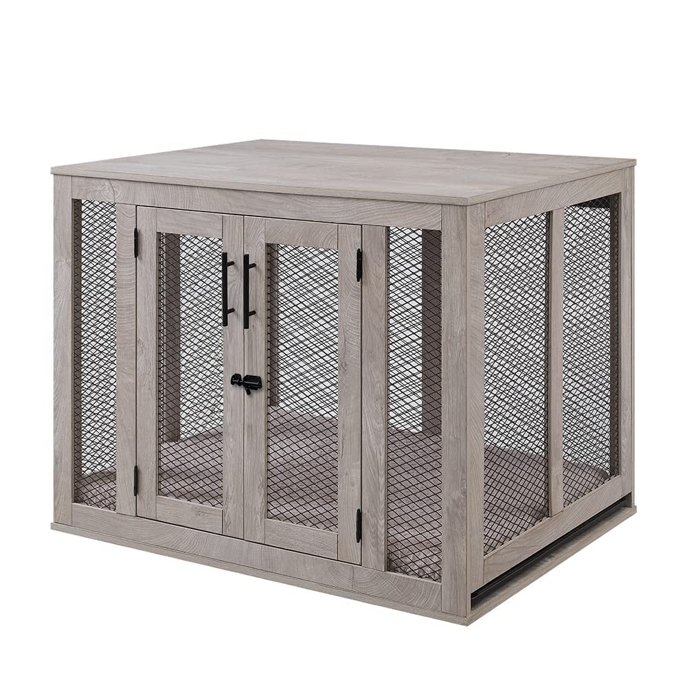 unipaws Large Dog Crate Furniture, Wooden Dog Kennel for Large Breed, Indoor Decorative Wood Dog Cage, Inside Side End Table Crate with Tray and Dog Bed, Dog Enclosure, for Dogs Up to 70 lbs unipaws