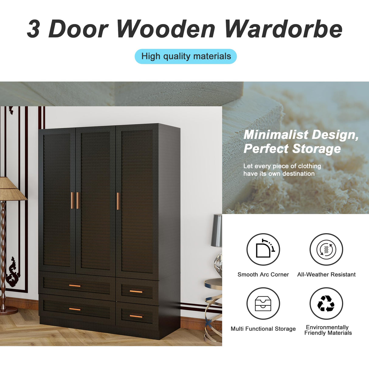 Keloyid Wood Armoire Wardrobe Closet Armoires Wardrobe Cabinet with 3 Door 4 Drawers Tall Wardrobe Closet Storage with Shelves and Hanging Rod for Bedroom Black 47.24''W x 19.69''D x 70.87''H Keloyid