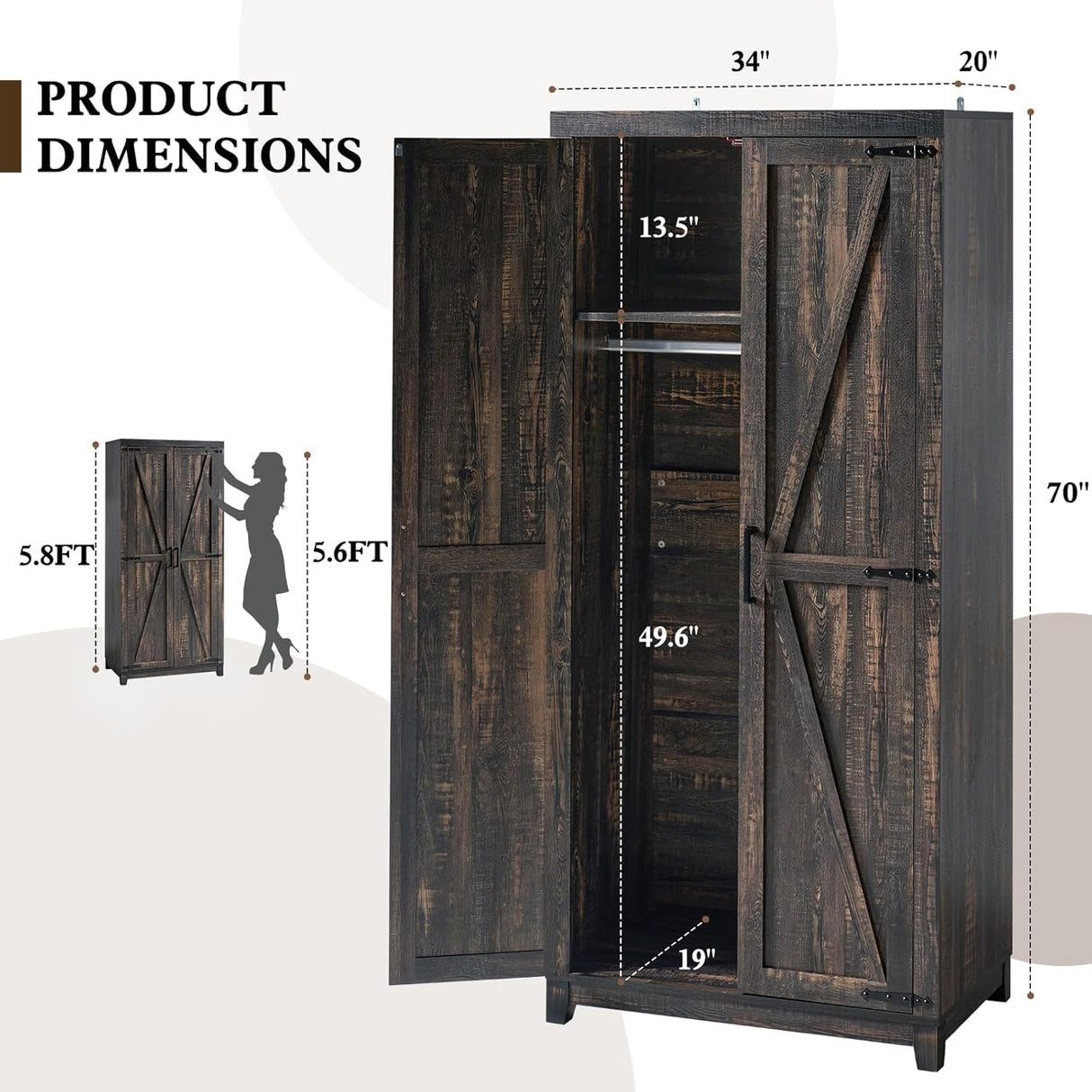 LUXOAK 70" Large Armoire Wardrobe Closet Set of 2 with Hanging Rod, Farmhouse Clothing Storage Cabinet with 4 Barn Doors, Wooden Tall Bedroom Armoires with Shelf, Dark Oak Wood LUXOAK
