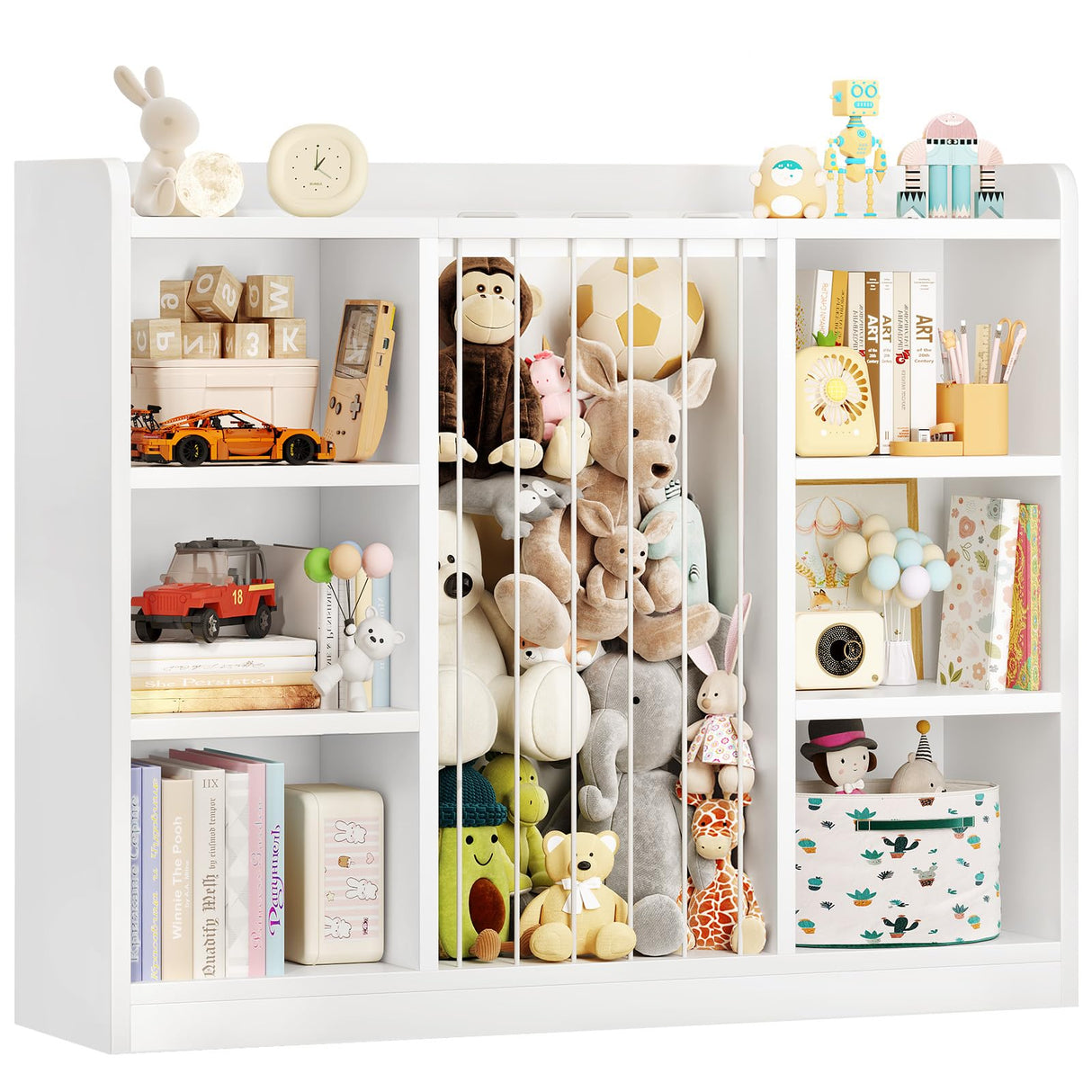 Toddler Stuffed Animal Zoo, Toy Storage Organizer for Playroom, Plush Toy Organizers and Storage, Book Shelf for Kids Rooms, Elastic Band Child Bookcase, Toy Shelf with 8 Storage Cubbies (White) ONBRILL