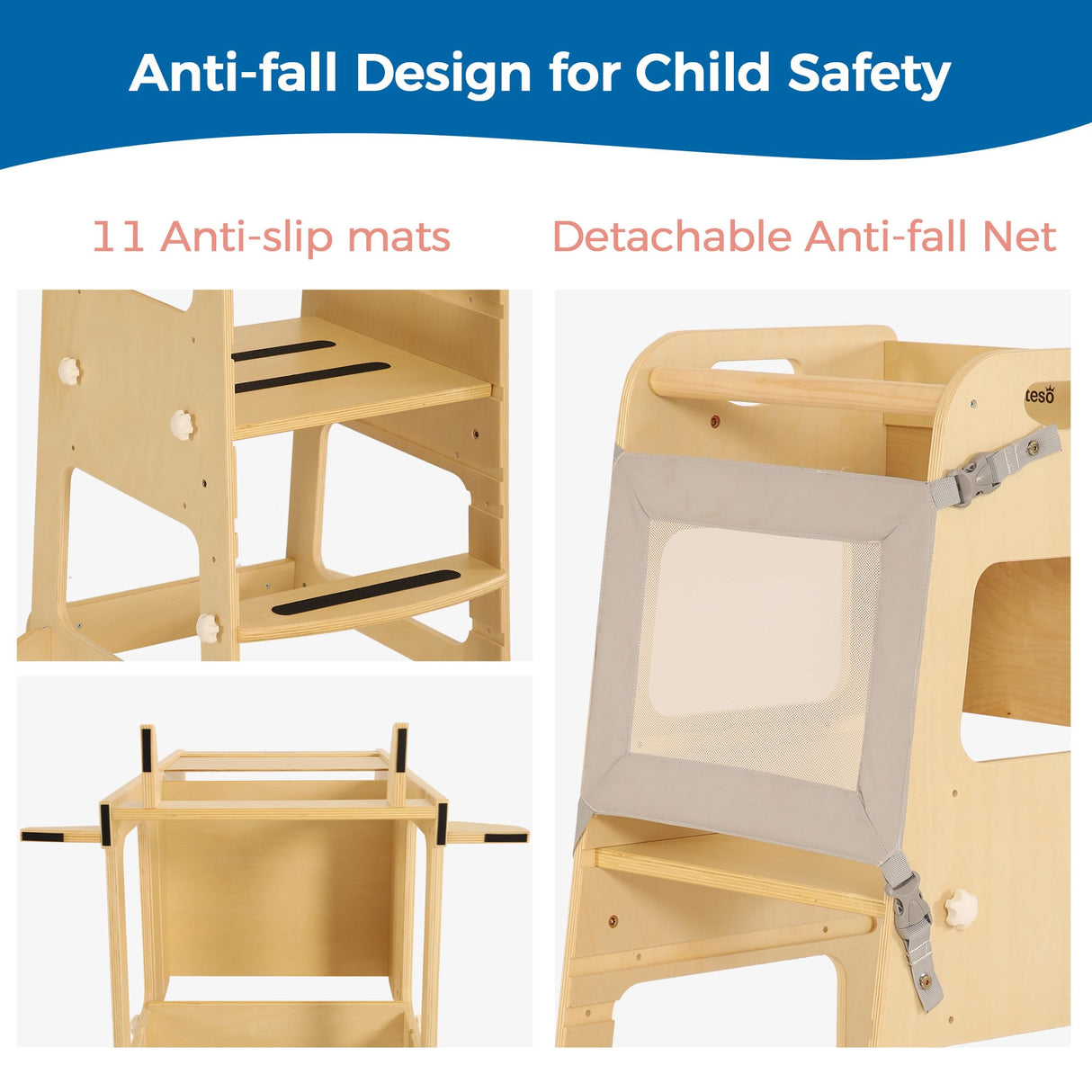 Bateso Basic Wooden Toddler Tower with Detachable Net, 3 Adjustable Height Toddler Kitchen Stool with Non-Slip Mats, Step Stool for Toddler, Toddler Step Stool for Kitchen Counter, Bathroom Sink Bateso