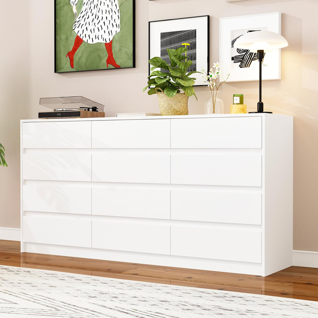 Homsee 12 Drawers Double Dresser, Modern Wood Dresser Chest of Drawers with Large Storage Space for Bedroom, White (63”L x 15.7”W x 31.9”H) Homsee