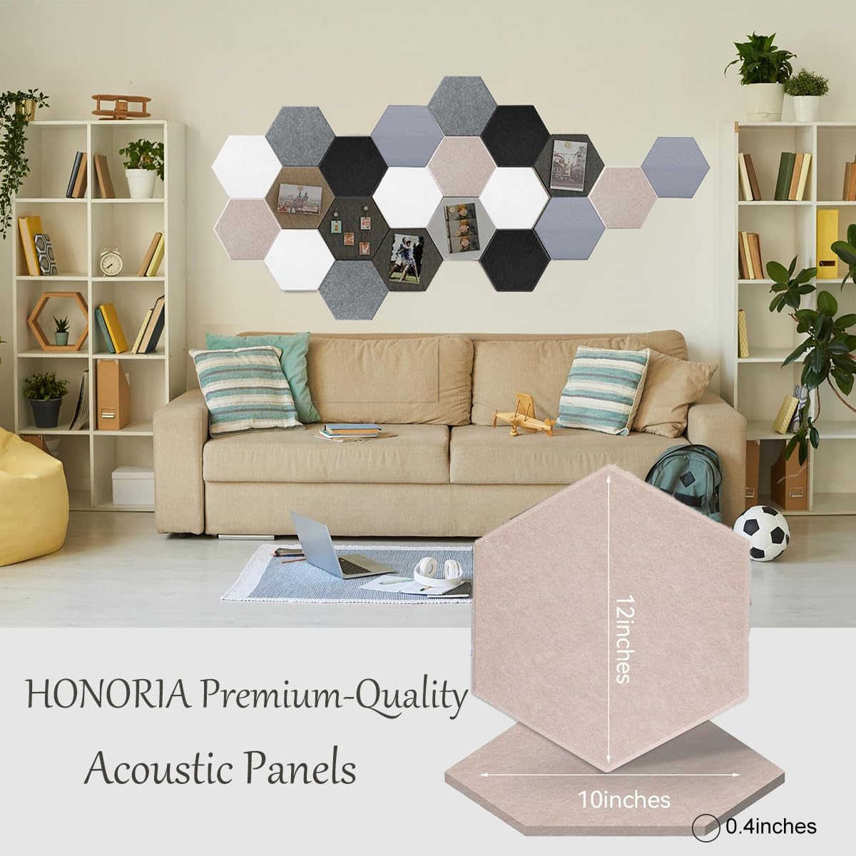 HONORIA 12-Pack Acoustic Panels, Soundproof Wall Panels, Hexagon Self-Adhesive 12"X10"X0.4, High Density Sound Dampening Panels- Camel HONORIA