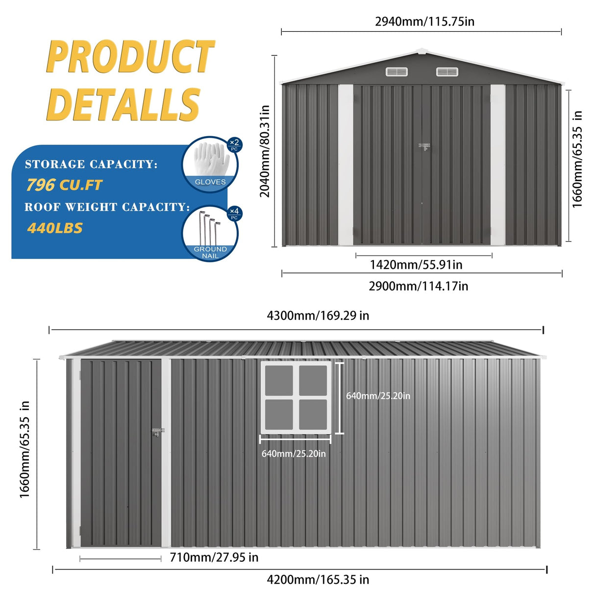 Vigo huseeo 10x14x6.7FT Outdoor Storage Shed, Galvanized Steel Garden Shed with Lockable Door & Window, Waterproof Metal Tool Storage for Garden, Backyard, Patio, Lawn(Grey) Vigo huseeo