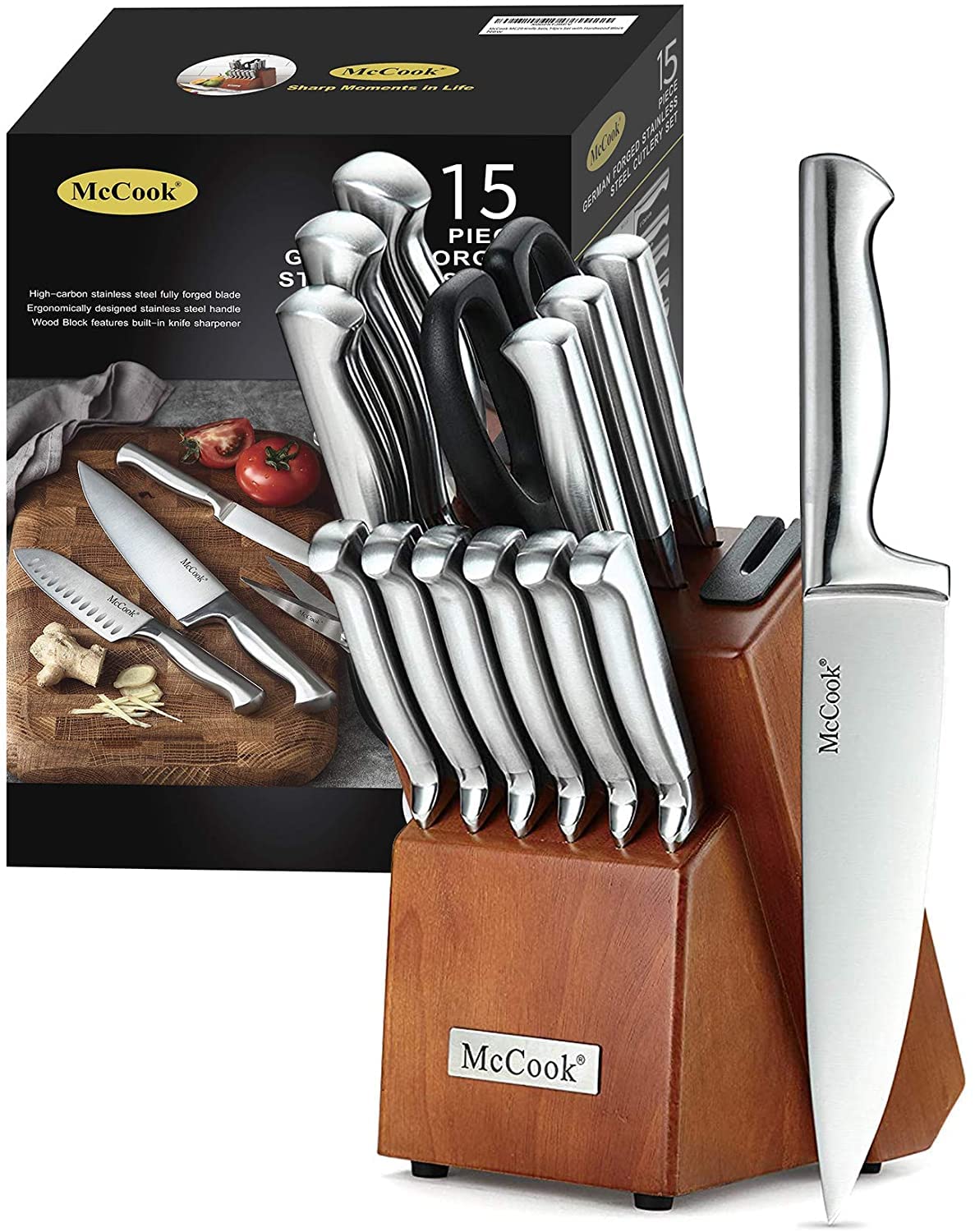 McCook® Knife Sets, German Stainless Steel Kitchen Knife Block Sets with Built-in Sharpener McCook