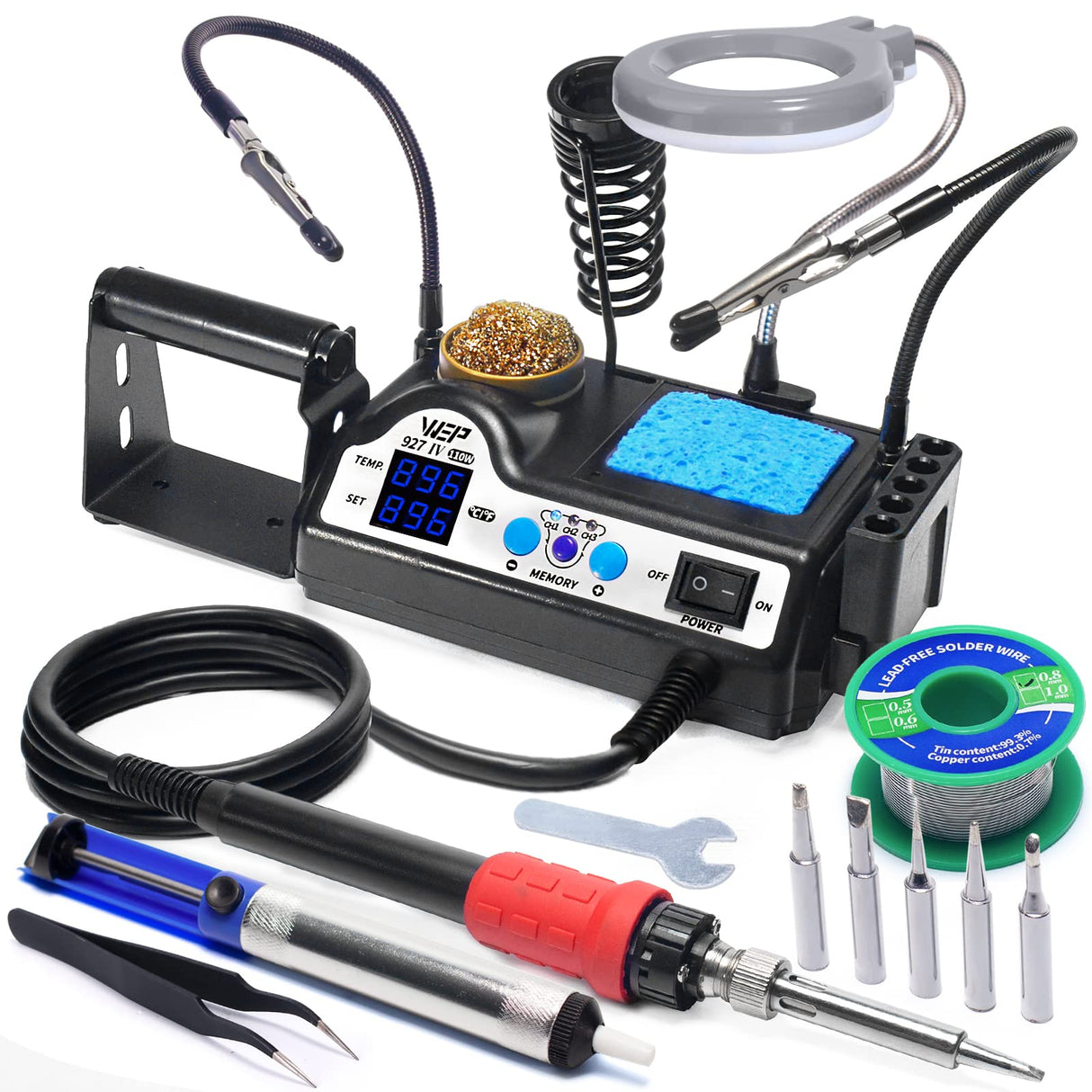 WEP 927-IV Soldering Station Kit High-Power 110W with 3 Preset Channels, Sleep Mode, LED Magnifier, 5 Extra Iron Tips, Tip Cleaner, 2 Helping Hands, Tip Storage Slots, Lead-free Solder Wire, Tweezers WEP