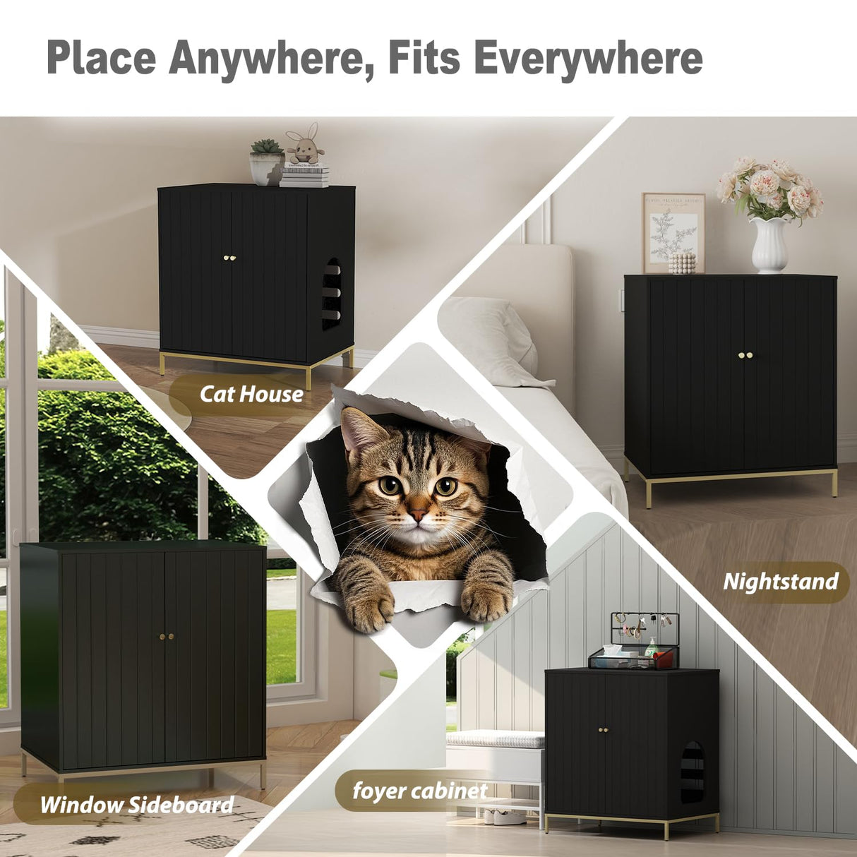 Convend Stylish Cat Litter Box Enclosure, Modern Hidden Litter Box Furniture with Tall Legs, Side Entrance, and Dual Use as End Table for Living Room or Bedroom (Black & Gold) Naisee